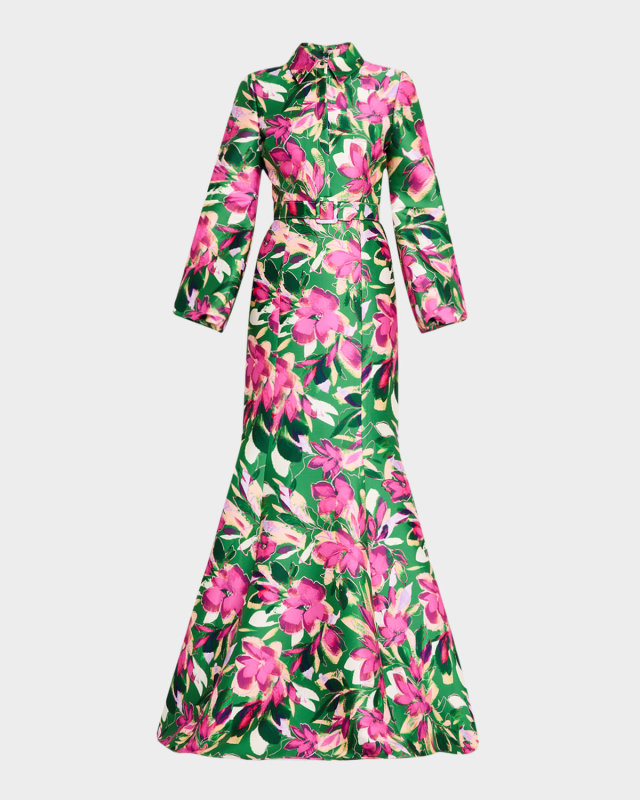 Belted Floral-Print Mikado Shirt Gown